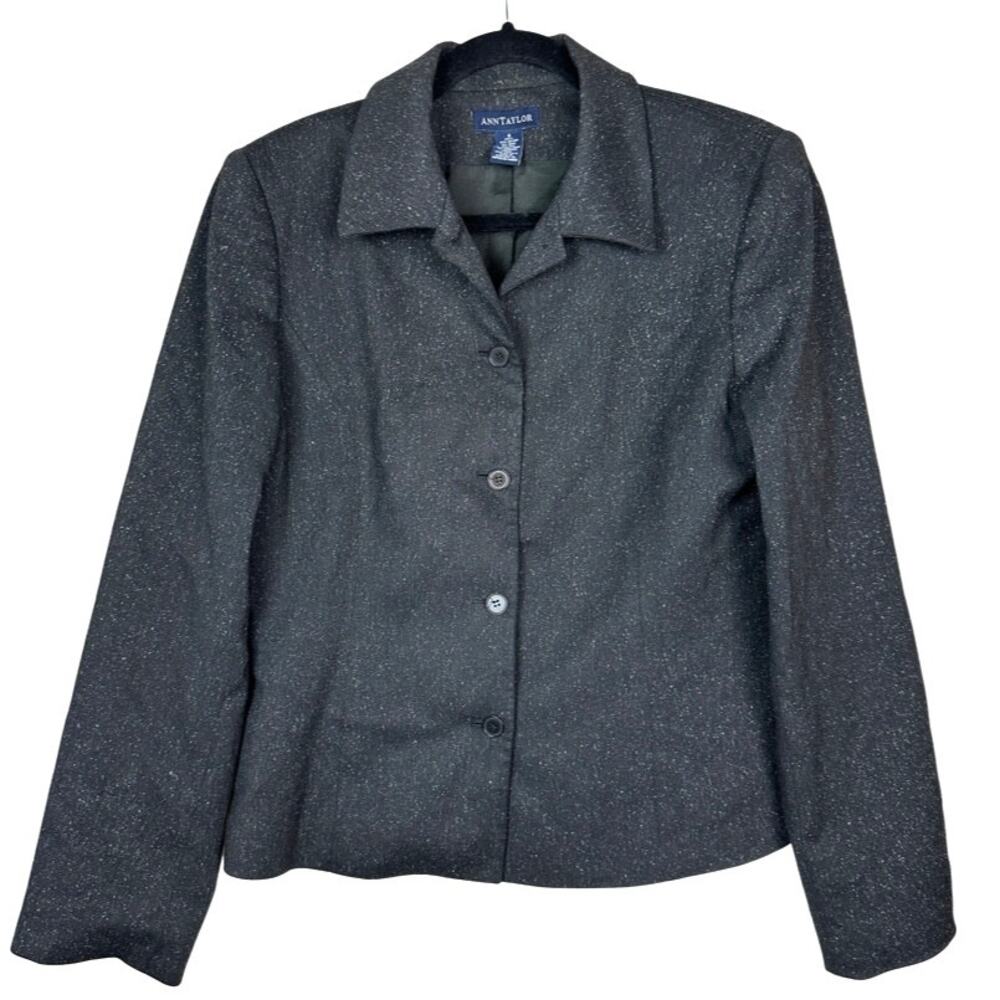 Ann Taylor Black Speckled Wool Silk Blend Button Front Blazer Size 6